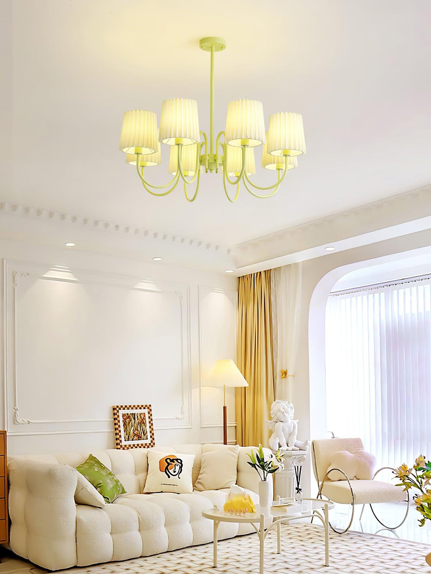 Elegant Pleated Fabric Matcha Chandelier with Adjustable Height & Soft