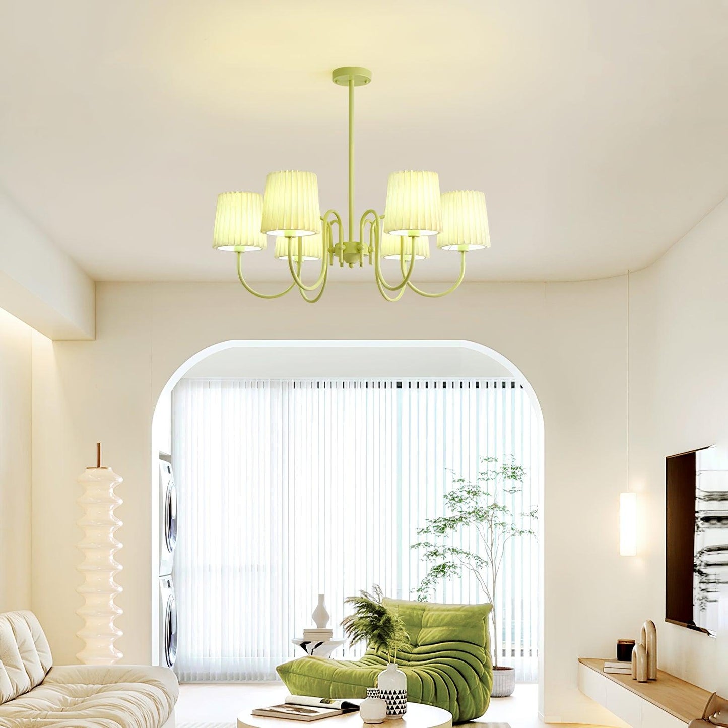 Elegant Pleated Fabric Matcha Chandelier with Adjustable Height & Soft