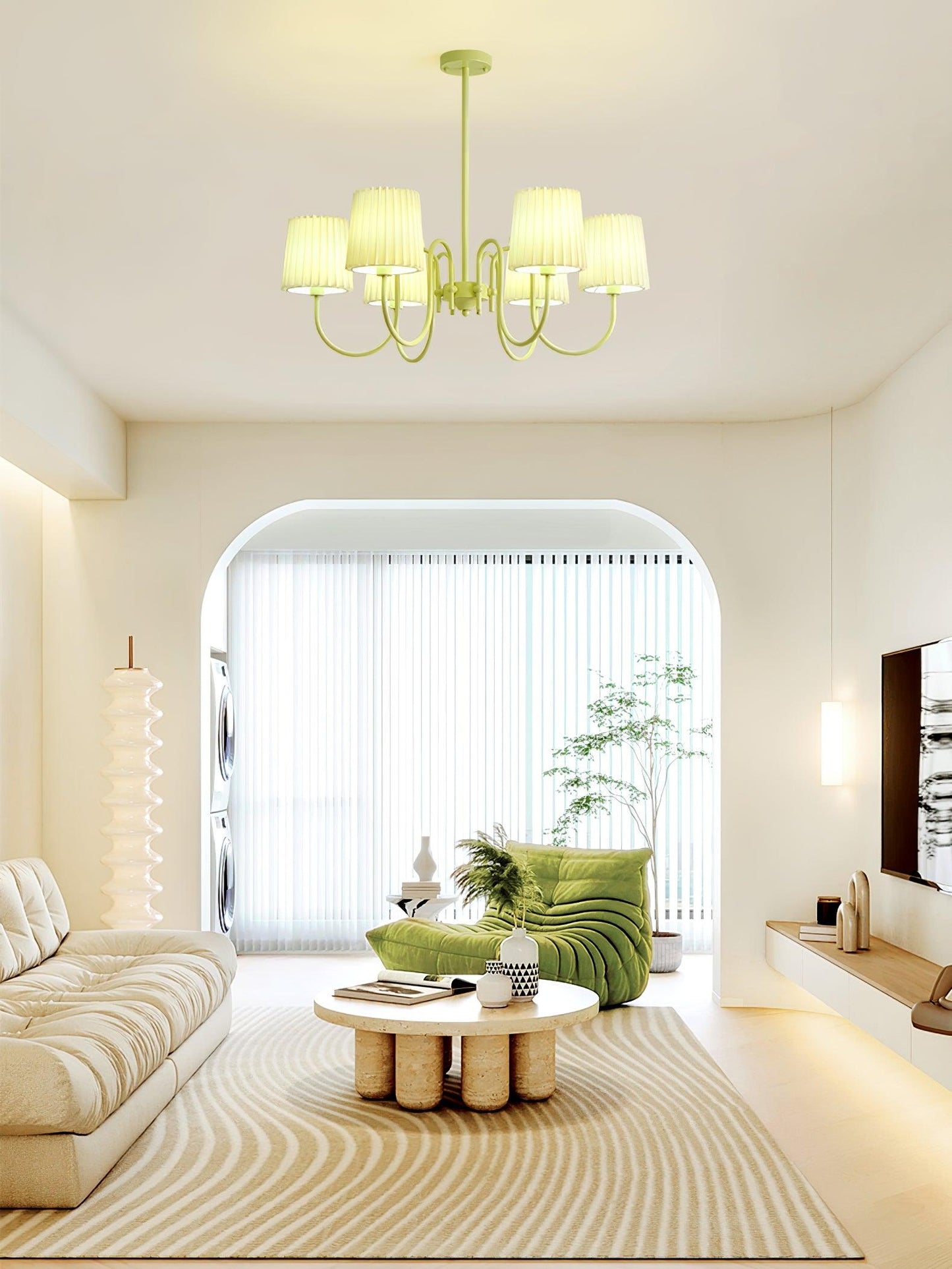 Elegant Pleated Fabric Matcha Chandelier with Adjustable Height & Soft