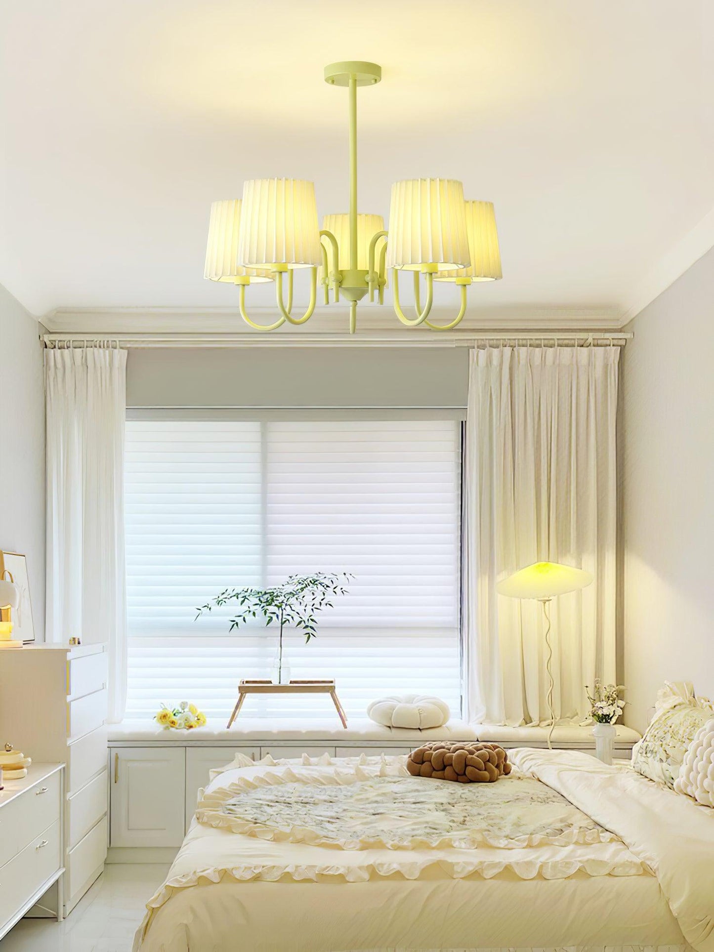 Elegant Pleated Fabric Matcha Chandelier with Adjustable Height & Soft
