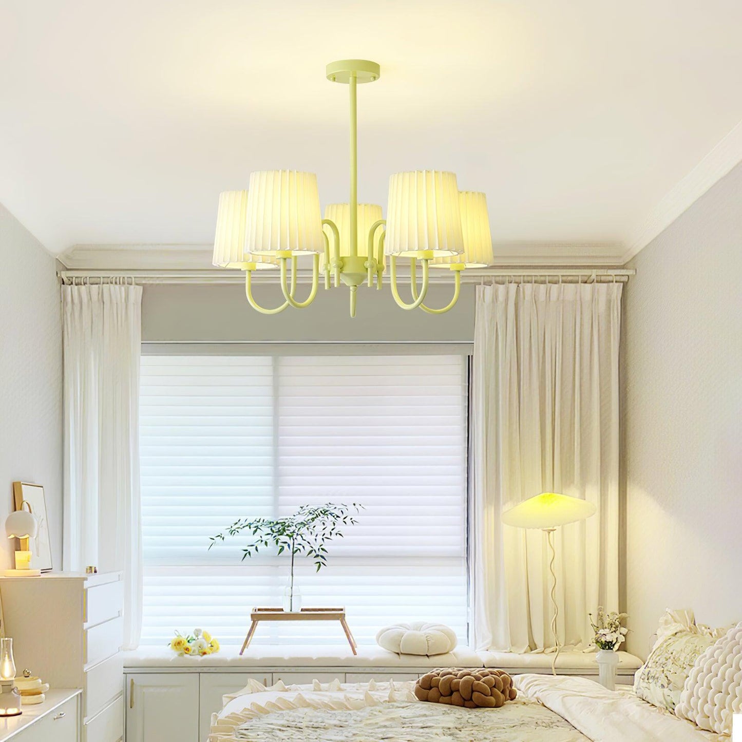 Elegant Pleated Fabric Matcha Chandelier with Adjustable Height & Soft