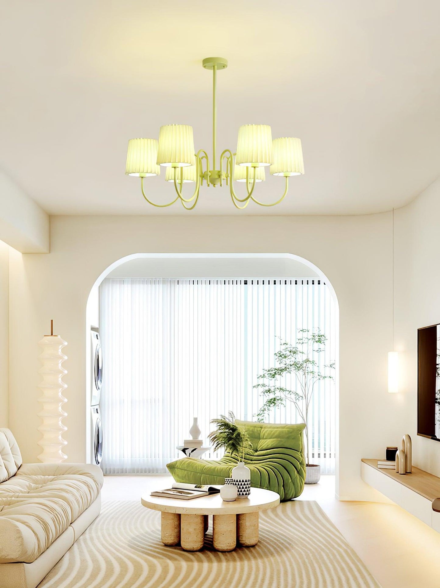 Elegant Pleated Fabric Matcha Chandelier with Adjustable Height & Soft