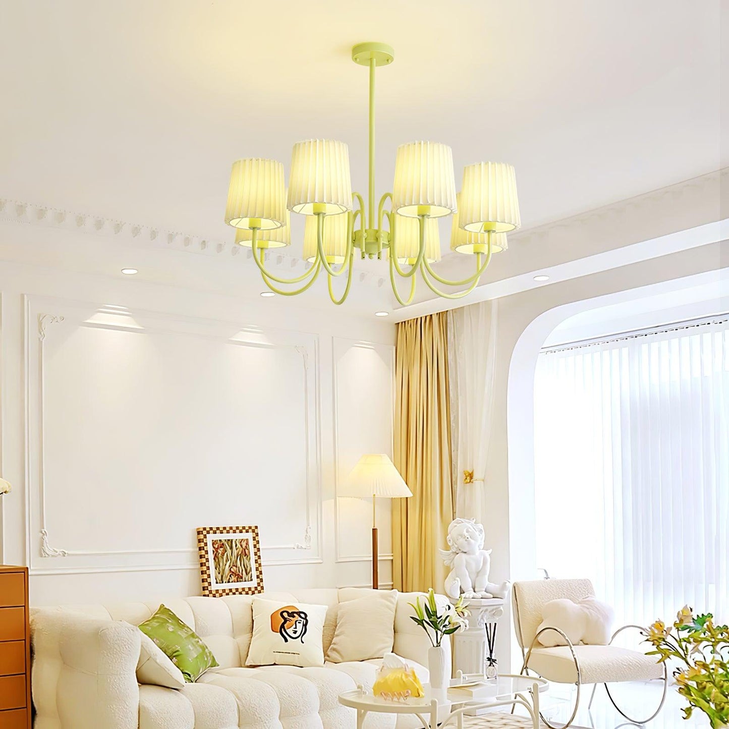Elegant Pleated Fabric Matcha Chandelier with Adjustable Height & Soft