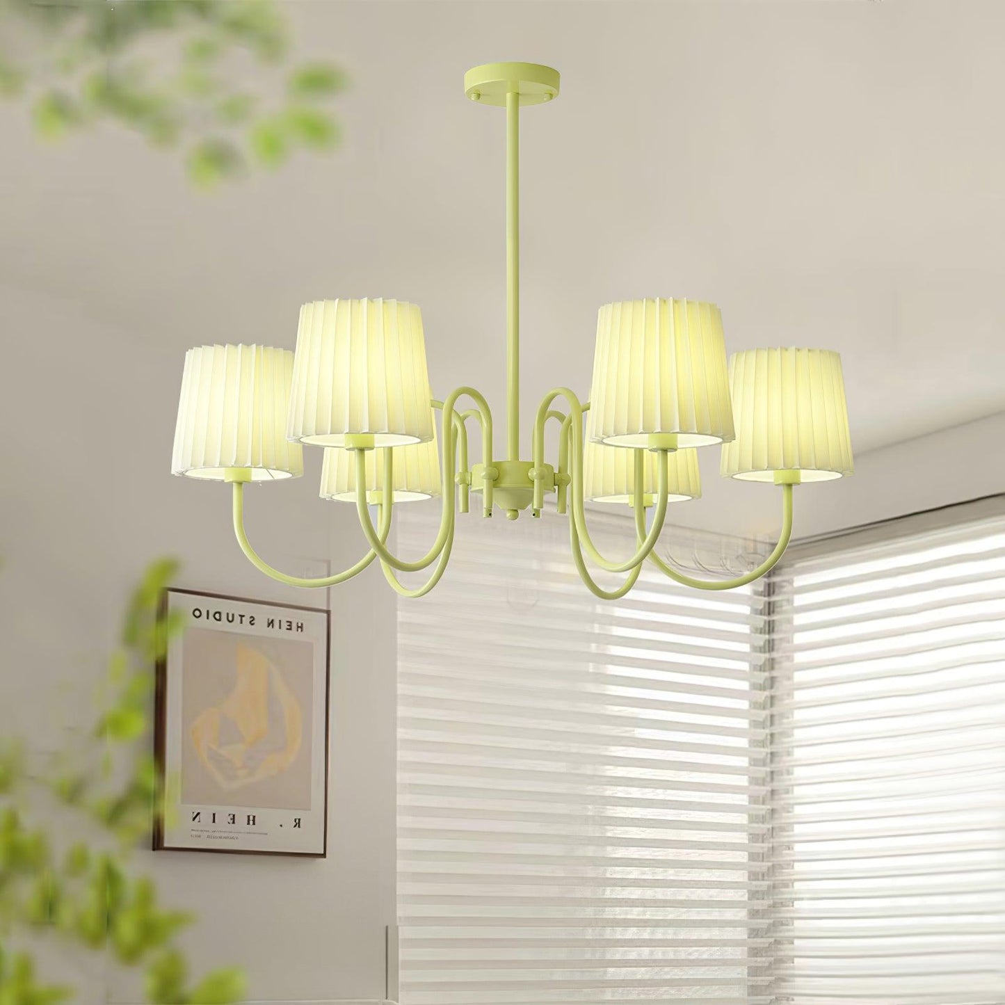 Elegant Pleated Fabric Matcha Chandelier with Adjustable Height & Soft