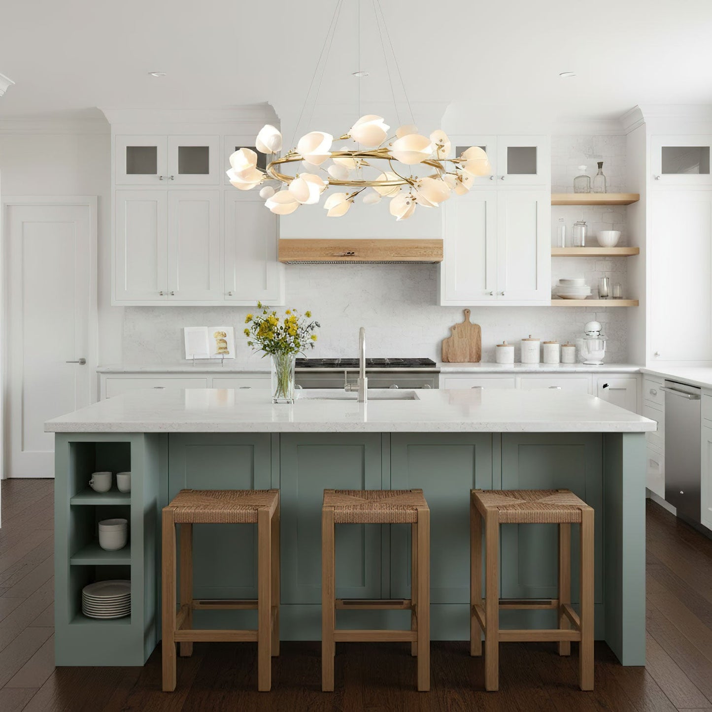 Elegant Porcelain Magnolia Chandelier with Adjustable Brightness & Tim