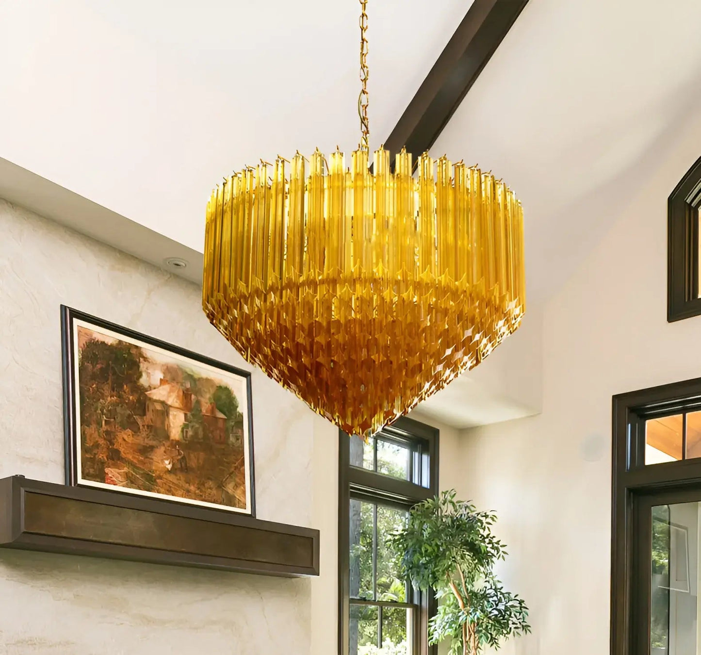 Prism Amber Glass Chandelier - Elegant Design with Adjustable Height