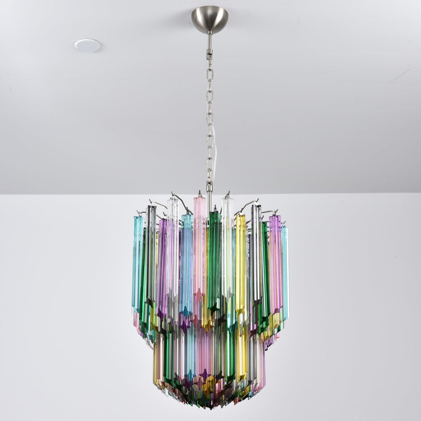 Colorful Prismatic Glass Chandelier with Adjustable Height & LED Compa