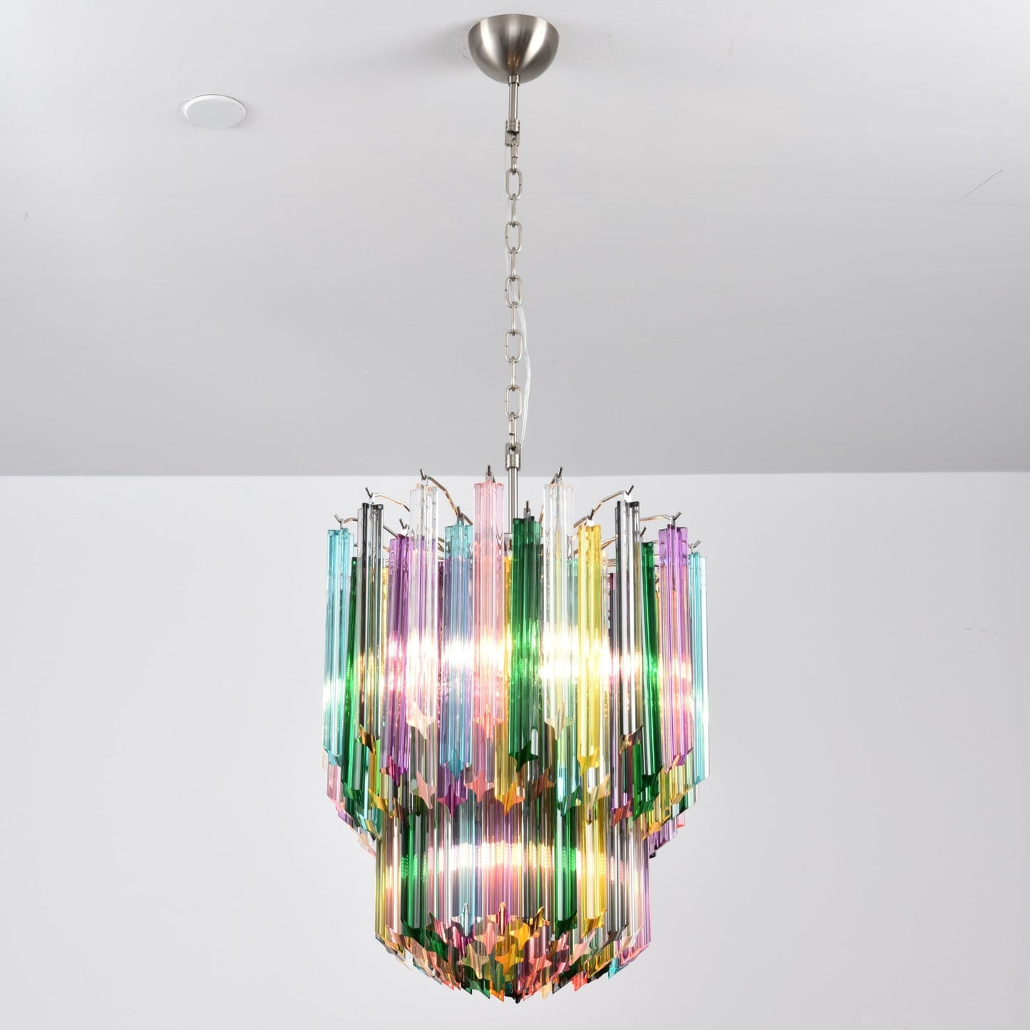 Colorful Prismatic Glass Chandelier with Adjustable Height & LED Compa