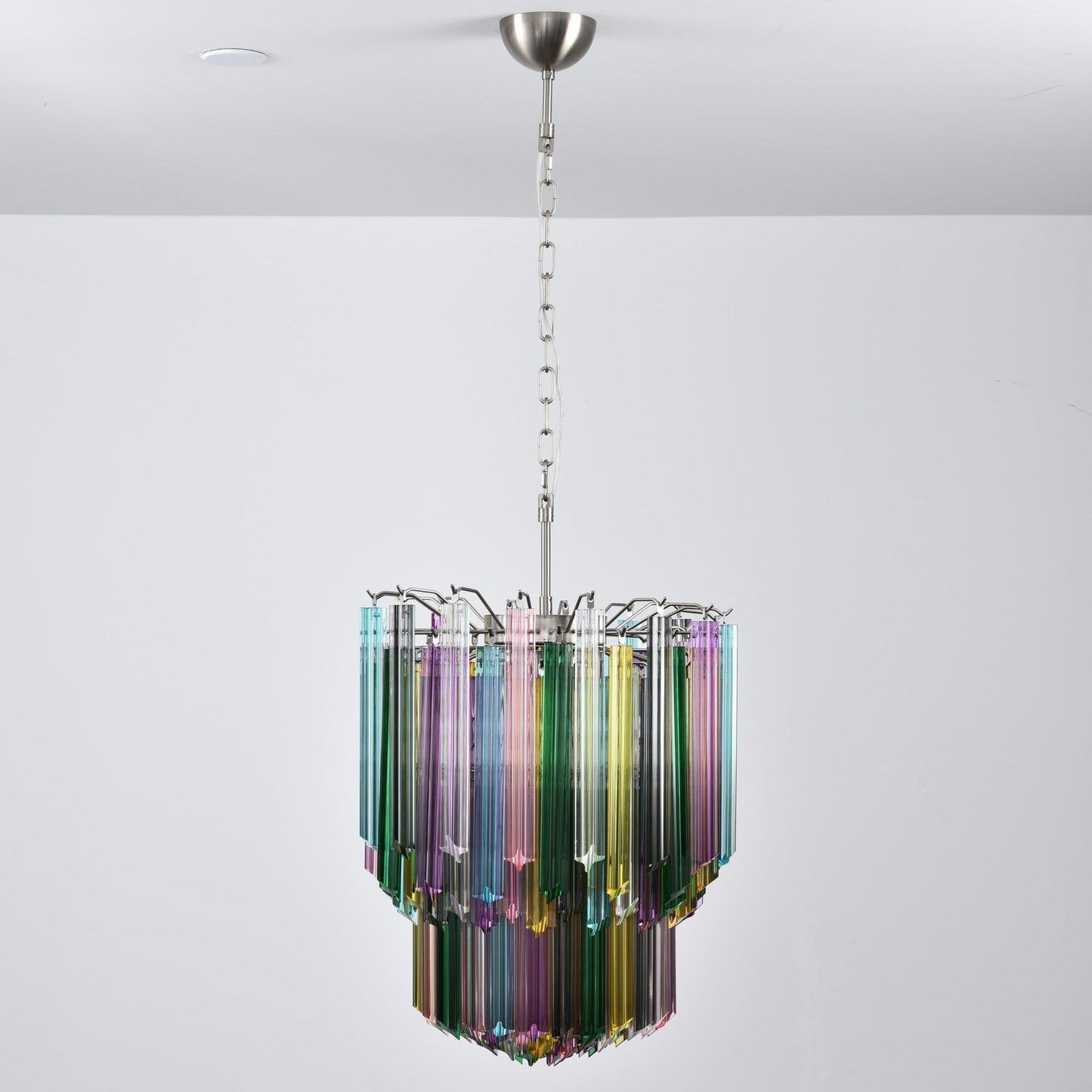 Colorful Prismatic Glass Chandelier with Adjustable Height & LED Compa