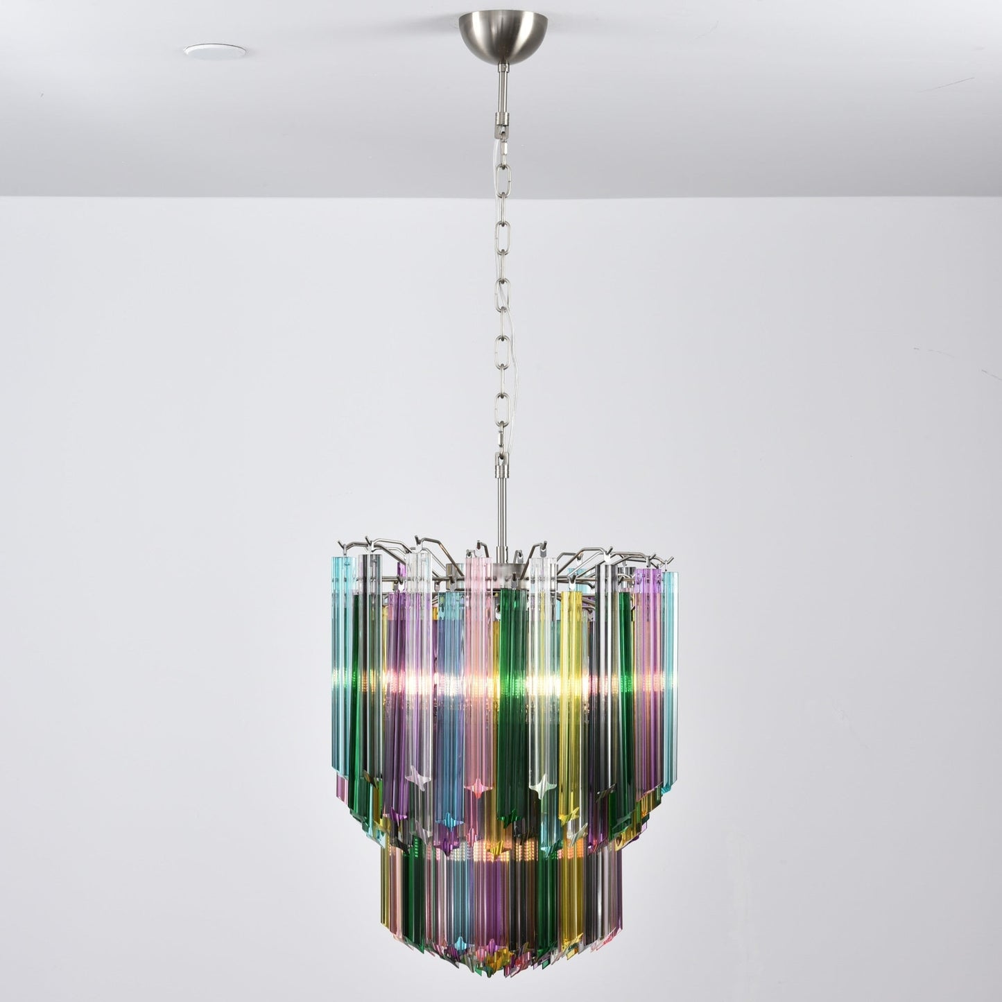 Colorful Prismatic Glass Chandelier with Adjustable Height & LED Compa