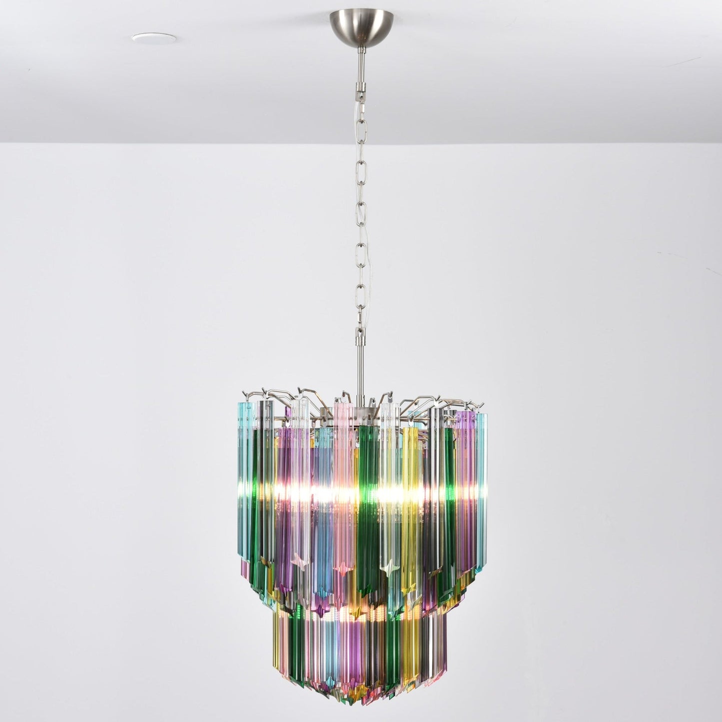 Colorful Prismatic Glass Chandelier with Adjustable Height & LED Compa