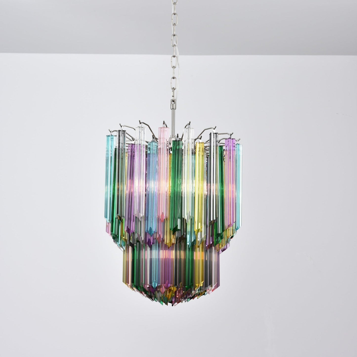 Colorful Prismatic Glass Chandelier with Adjustable Height & LED Compa