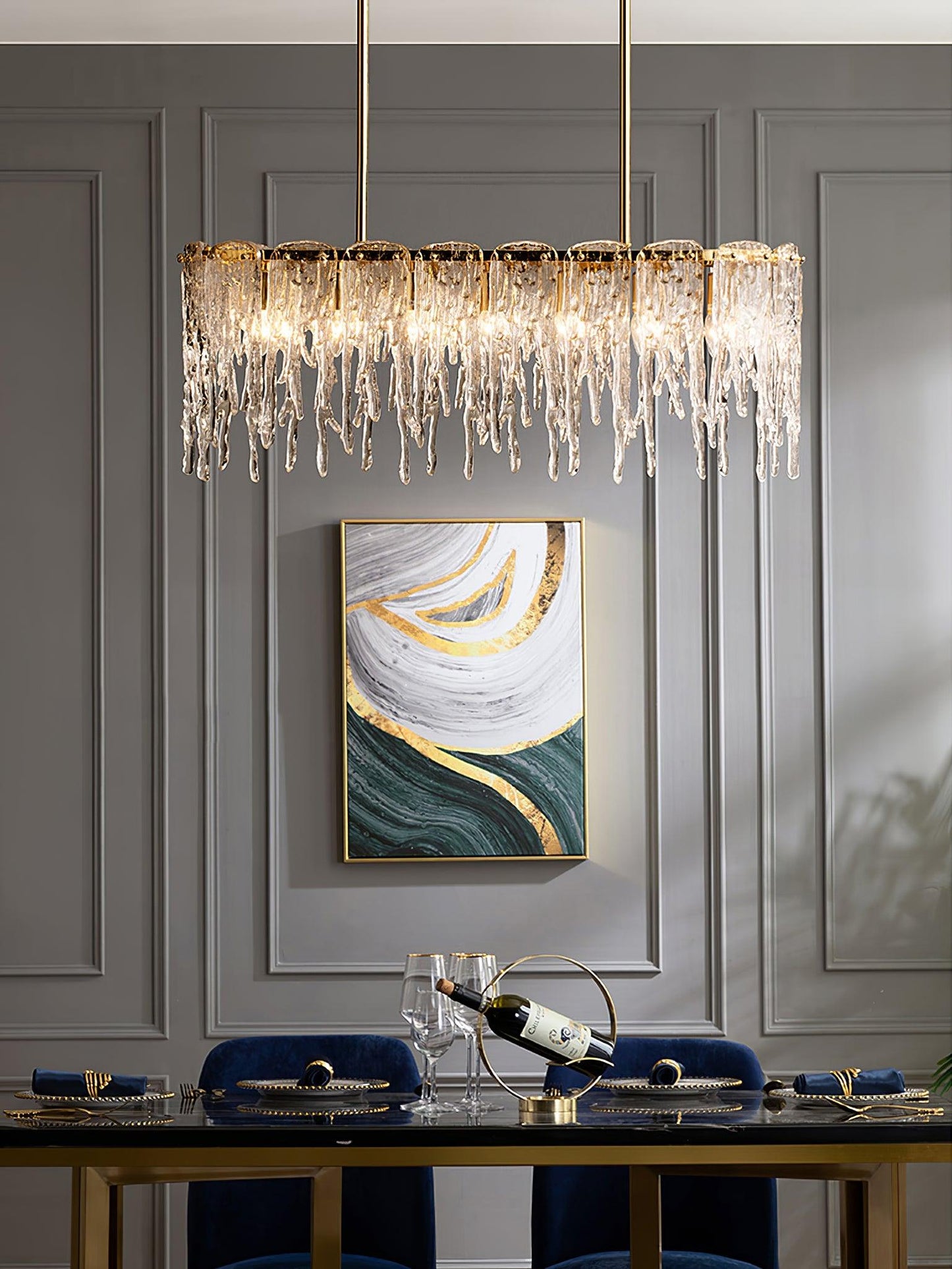 Modern Rectangular Icicle Glass Chandelier with Adjustable Height and