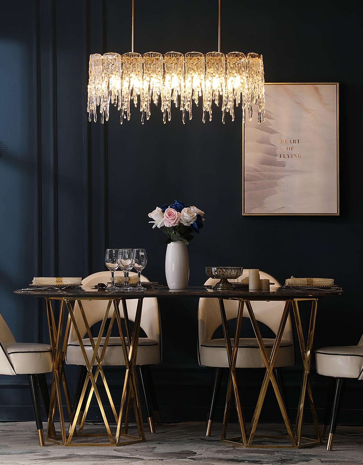 Modern Rectangular Icicle Glass Chandelier with Adjustable Height and