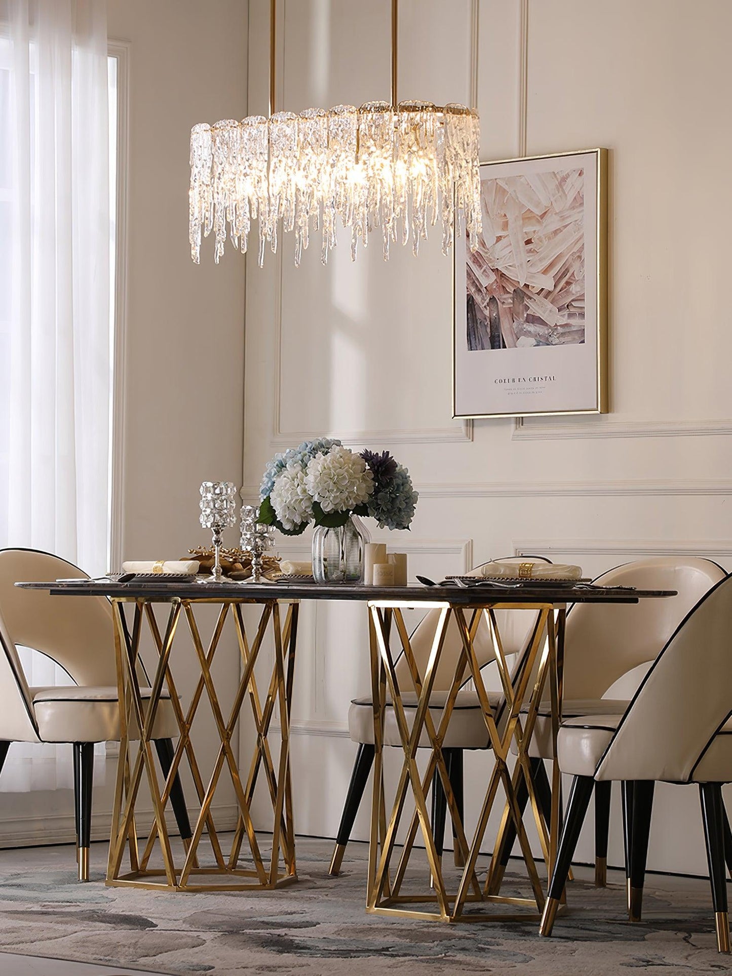 Modern Rectangular Icicle Glass Chandelier with Adjustable Height and