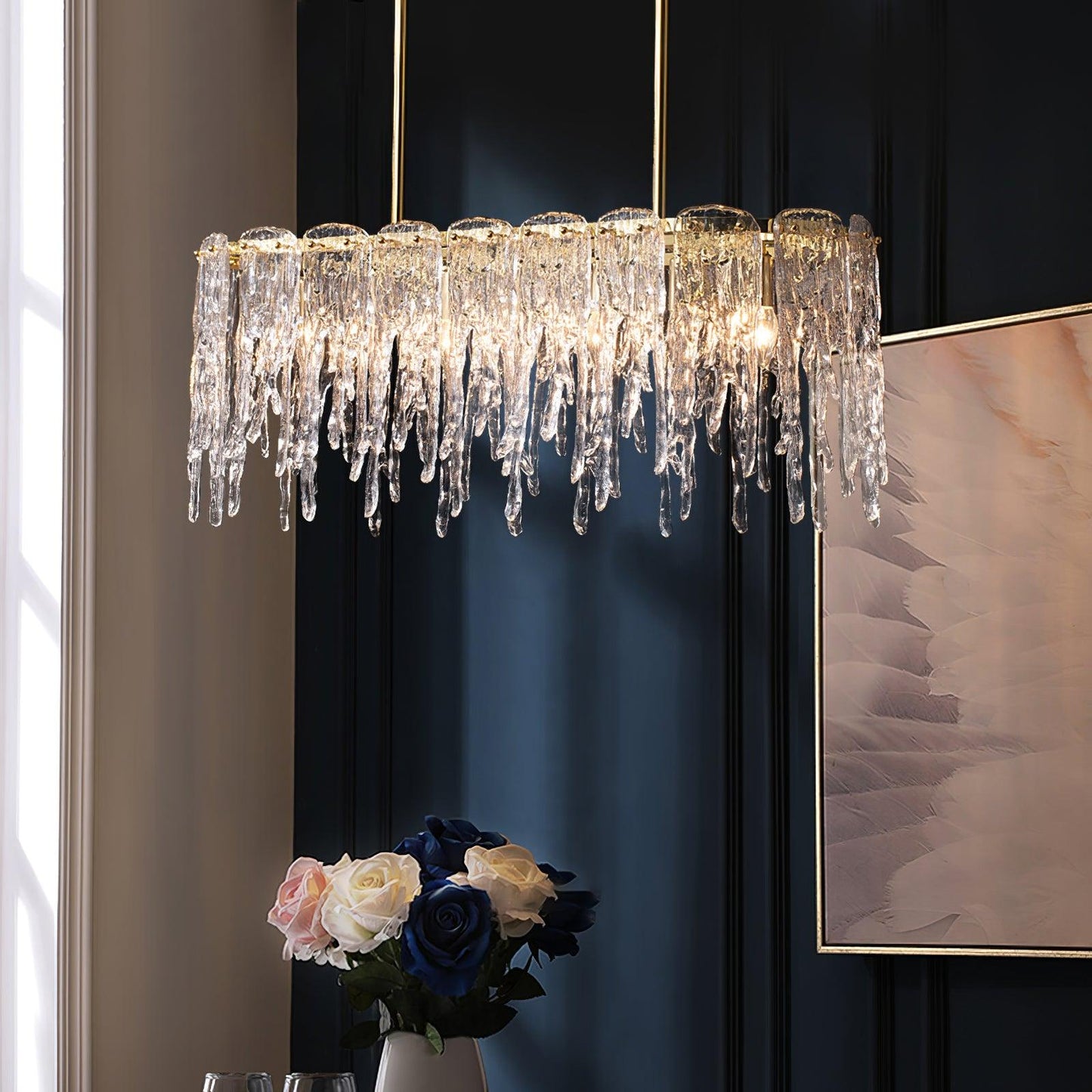Modern Rectangular Icicle Glass Chandelier with Adjustable Height and