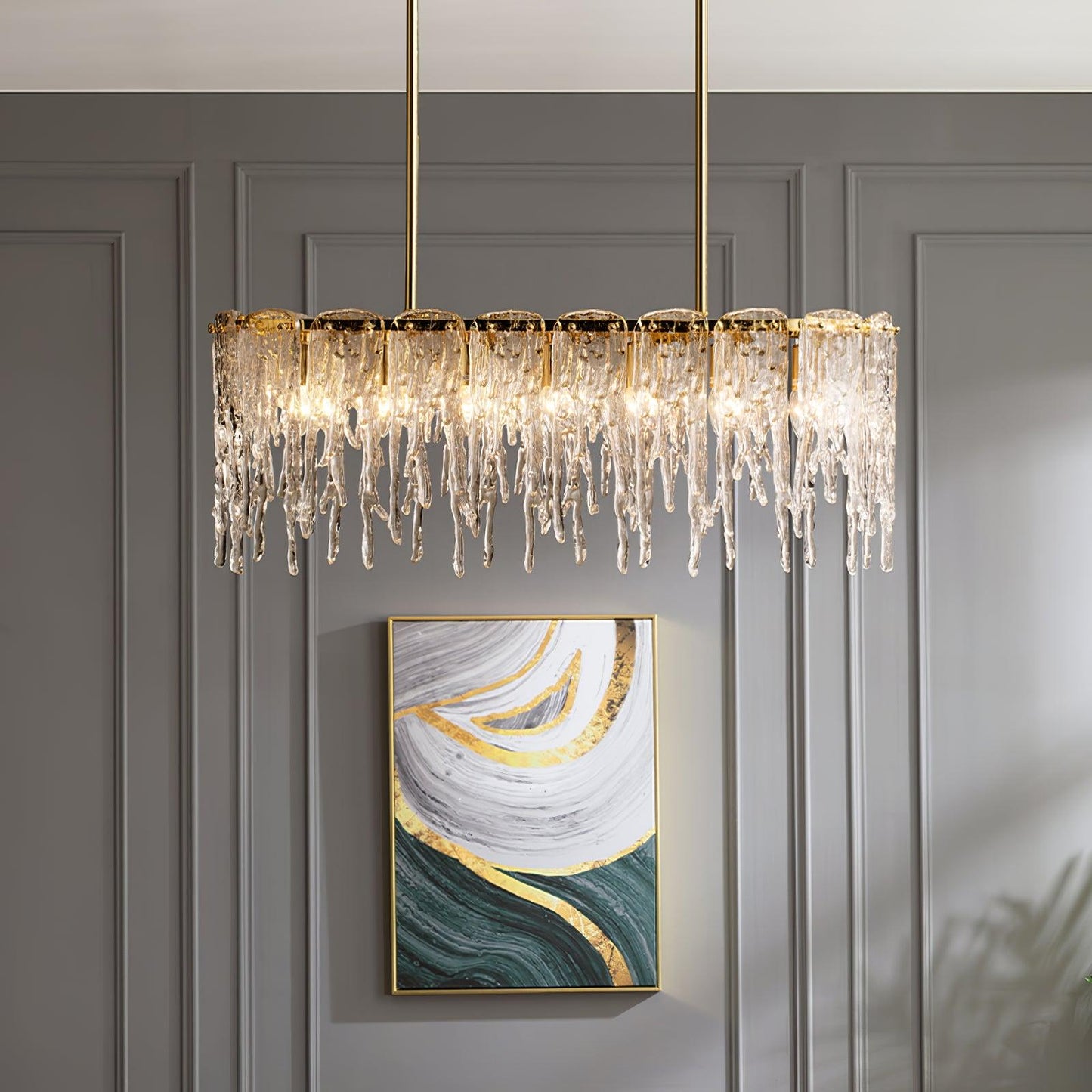 Modern Rectangular Icicle Glass Chandelier with Adjustable Height and
