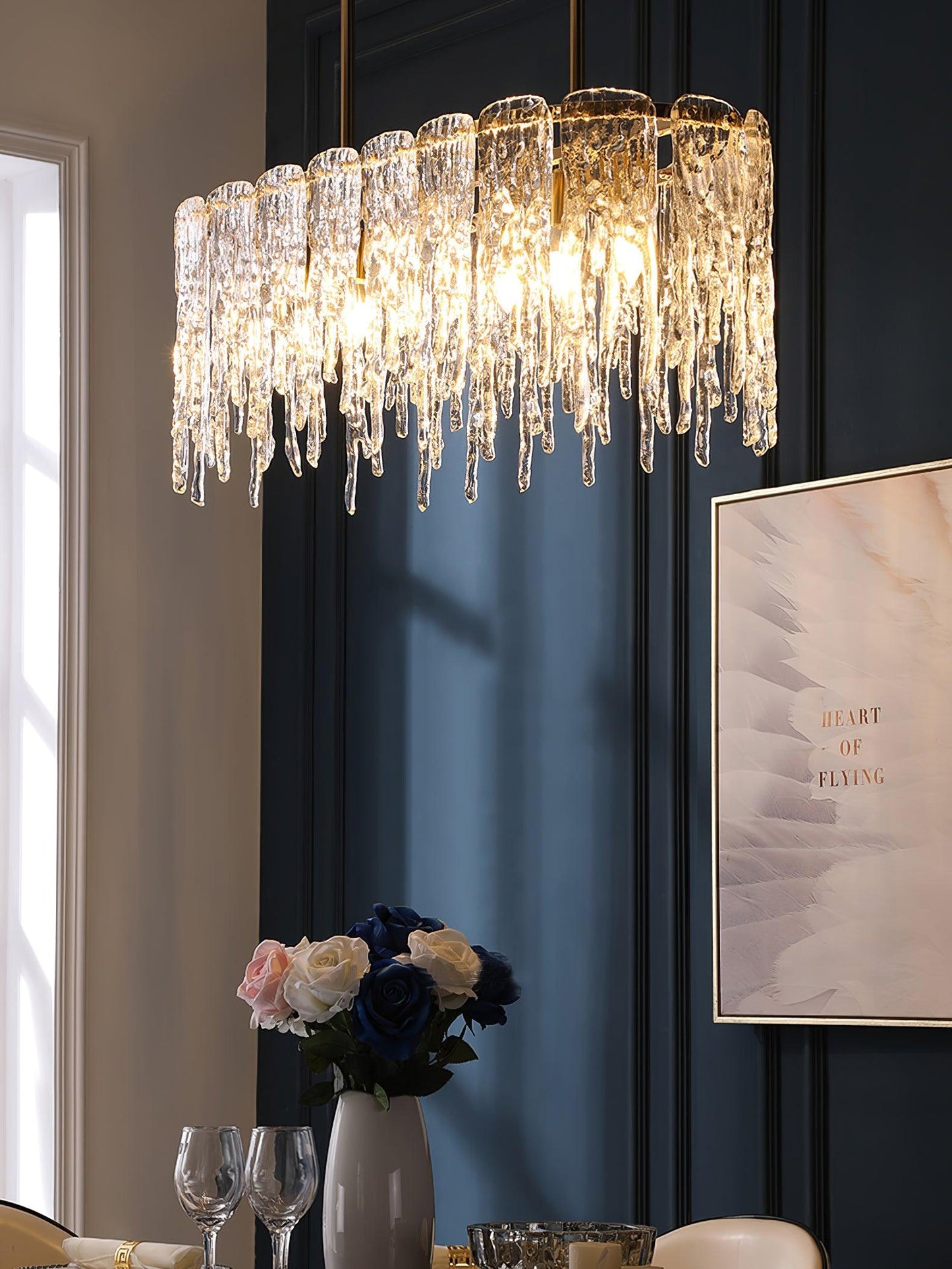 Modern Rectangular Icicle Glass Chandelier with Adjustable Height and