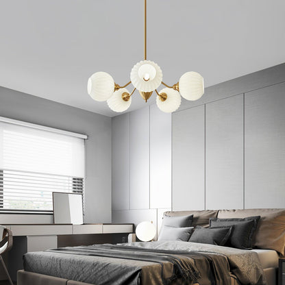 Ribbed Glass Ball Chandelier - Elegant Design with Adjustable Height