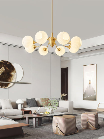 Ribbed Glass Ball Chandelier - Elegant Design with Adjustable Height
