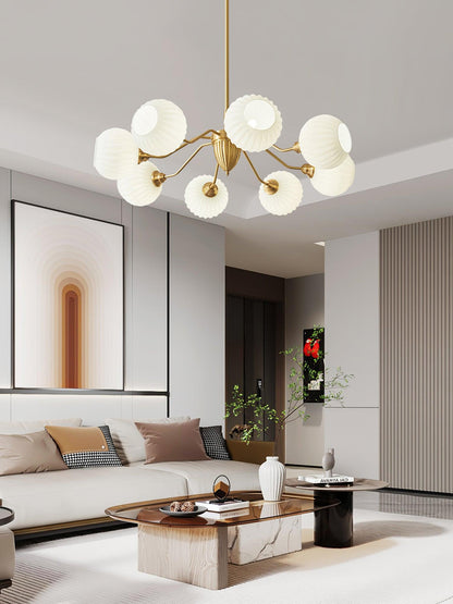 Ribbed Glass Ball Chandelier - Elegant Design with Adjustable Height