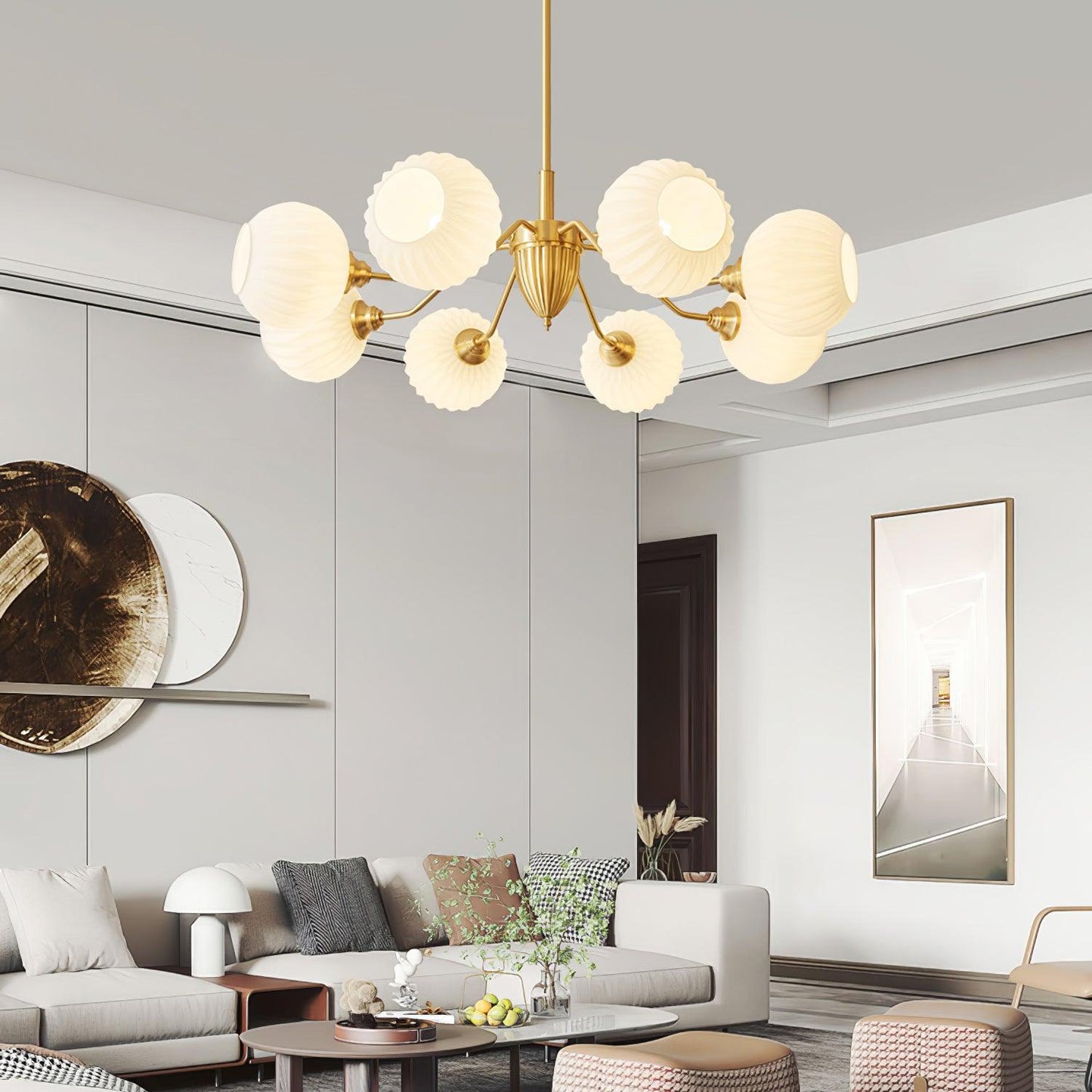Ribbed Glass Ball Chandelier - Elegant Design with Adjustable Height