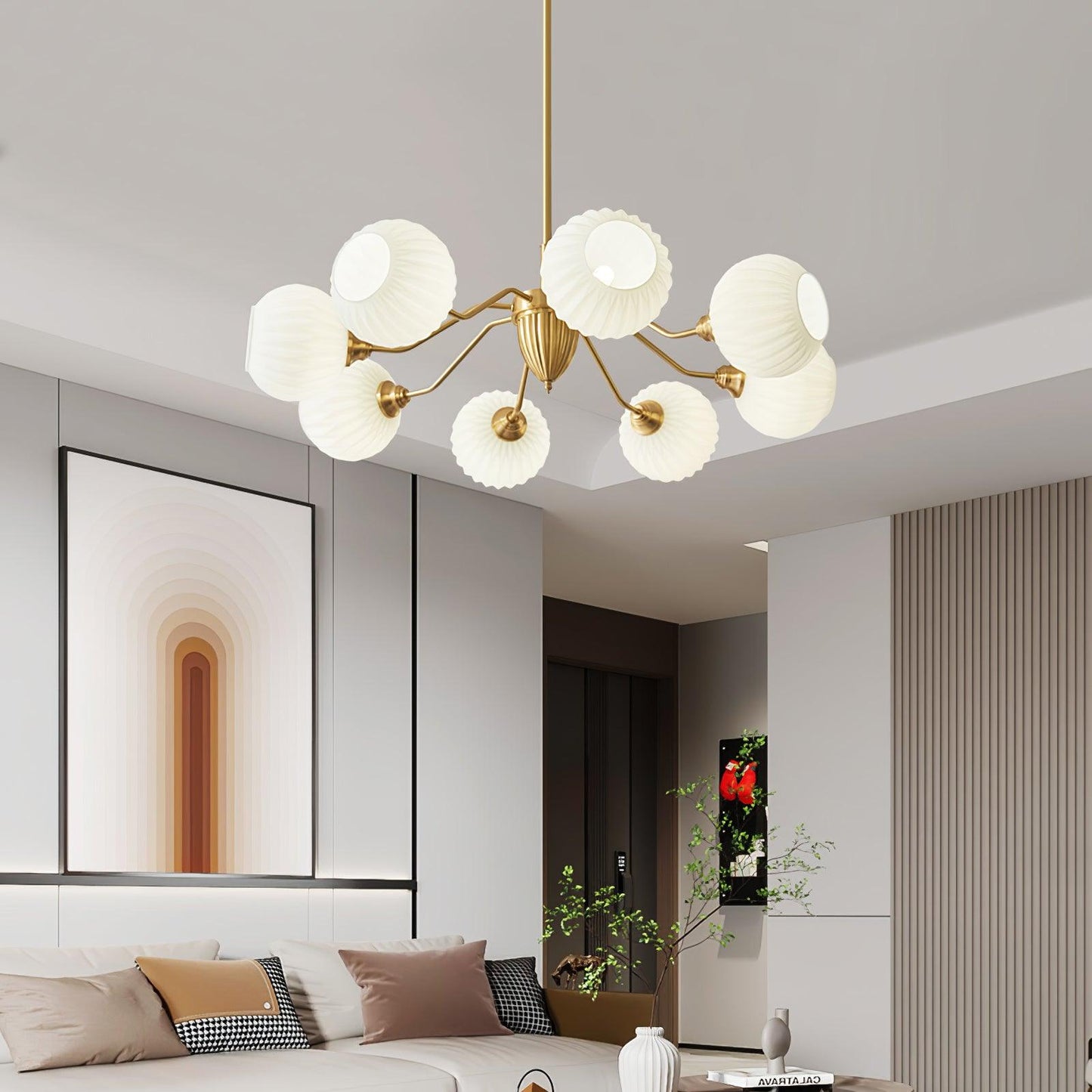 Ribbed Glass Ball Chandelier - Elegant Design with Adjustable Height