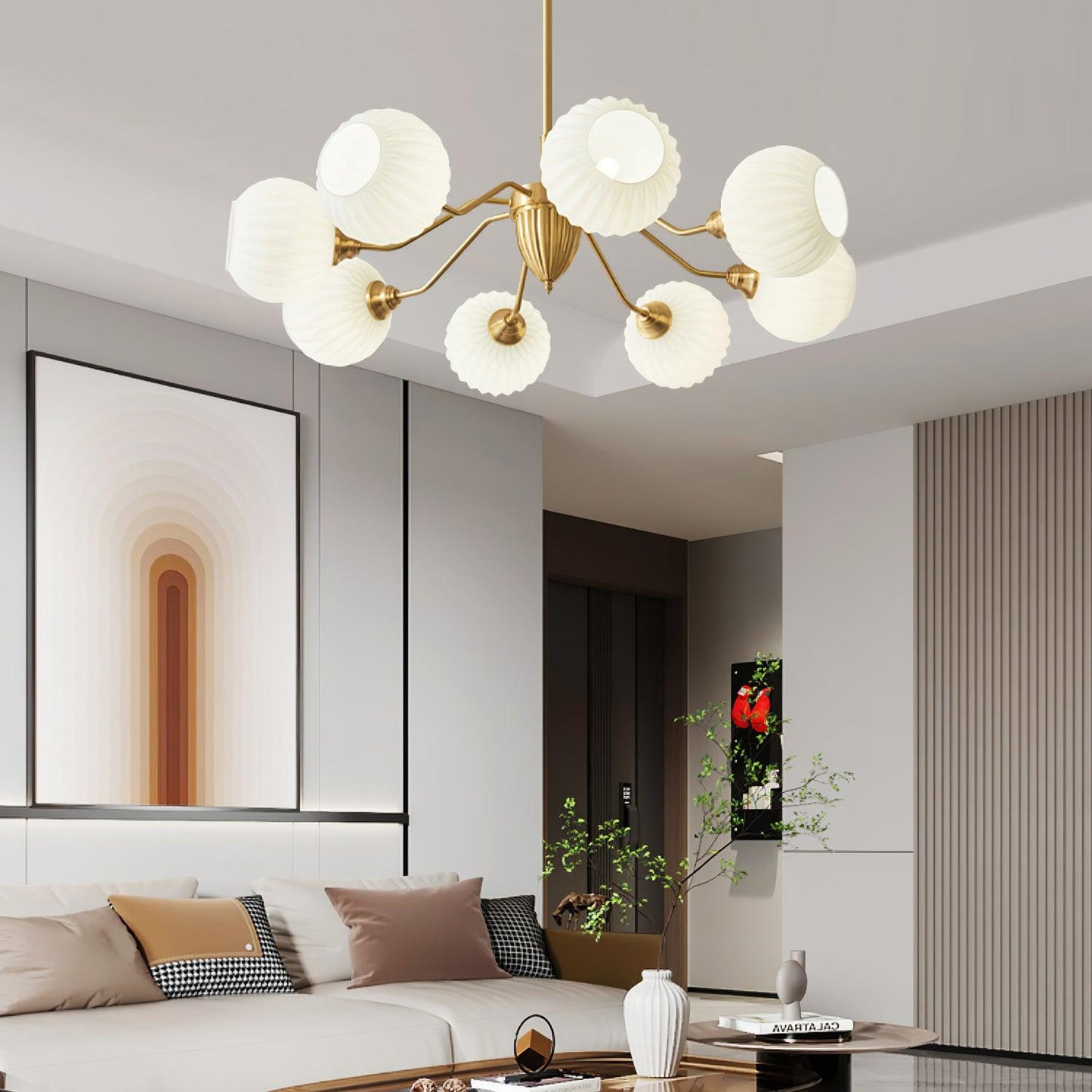 Ribbed Glass Ball Chandelier - Elegant Design with Adjustable Height