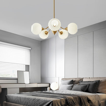 Ribbed Glass Ball Chandelier - Elegant Design with Adjustable Height