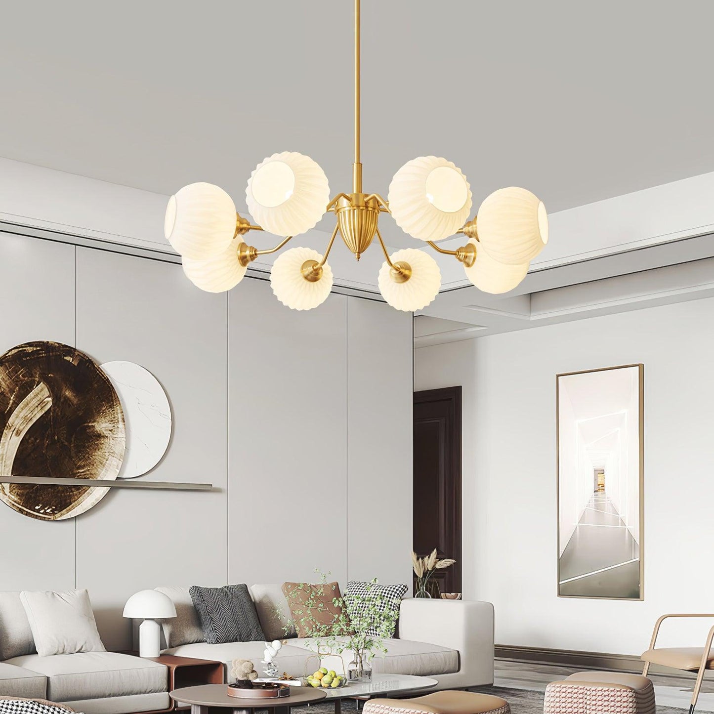 Ribbed Glass Ball Chandelier - Elegant Design with Adjustable Height