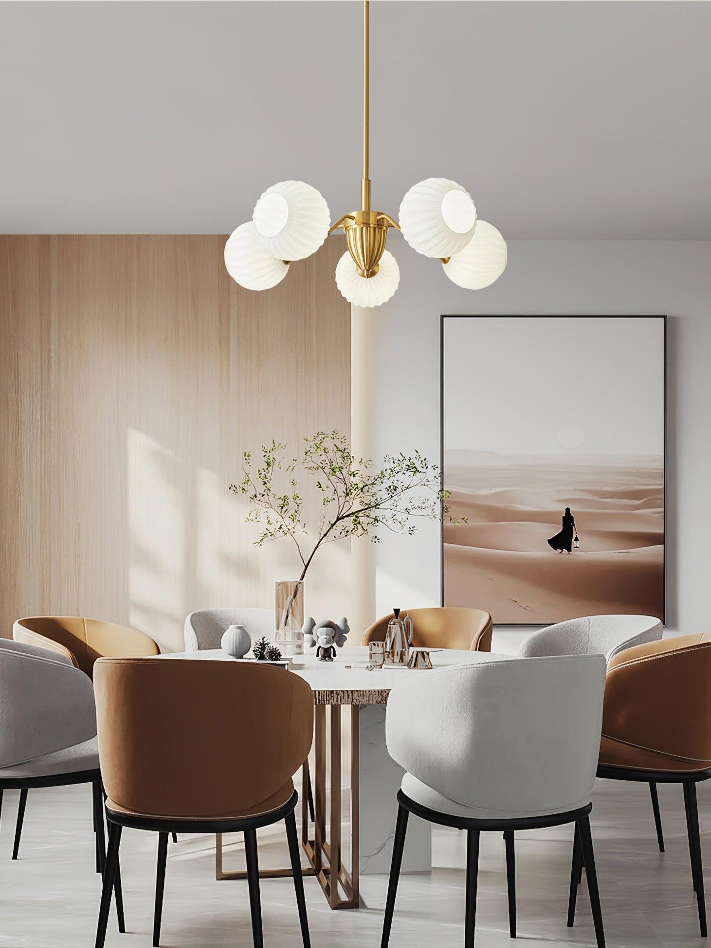 Ribbed Glass Ball Chandelier - Elegant Design with Adjustable Height