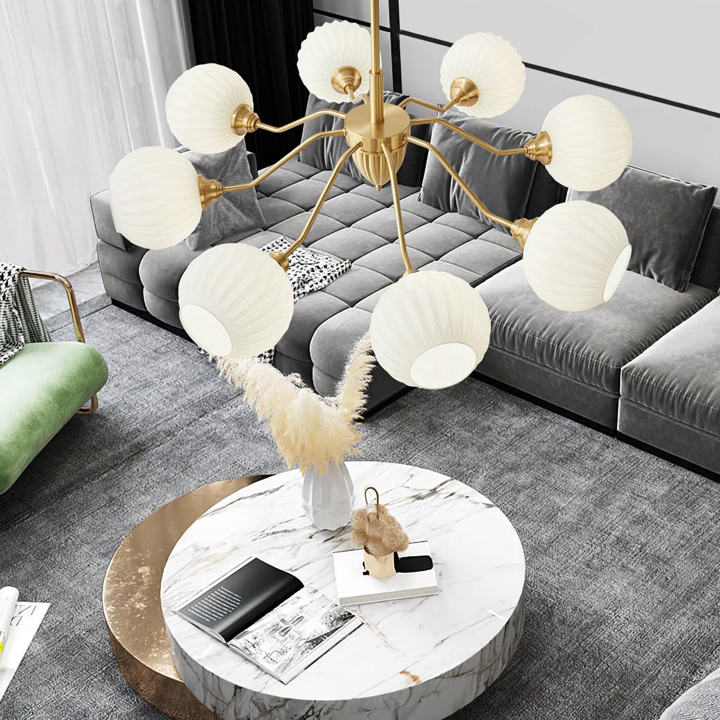 Ribbed Glass Ball Chandelier - Elegant Design with Adjustable Height
