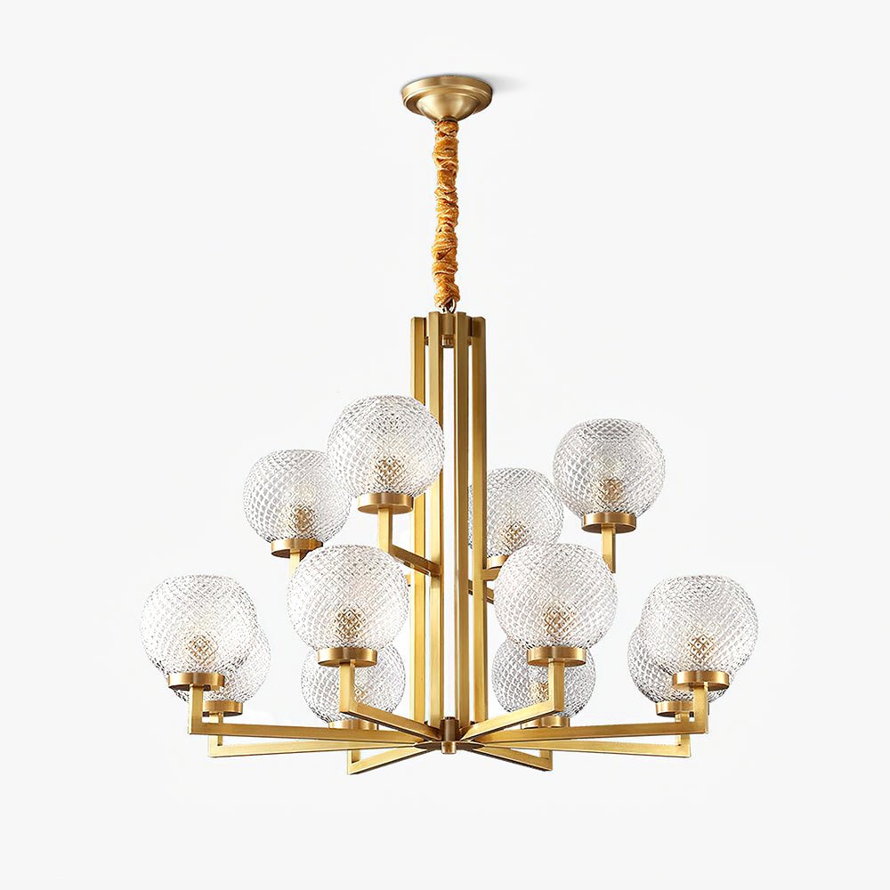Ribbed Glass Brass Chandelier with Adjustable Height and LED Compatibl