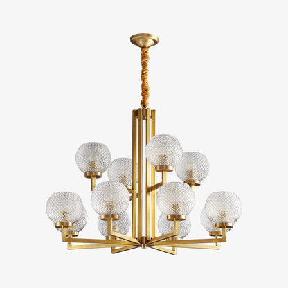 Ribbed Glass Brass Chandelier with Adjustable Height and LED Compatibl