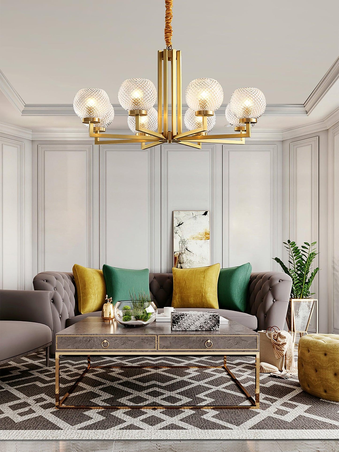 Ribbed Glass Brass Chandelier with Adjustable Height and LED Compatibl