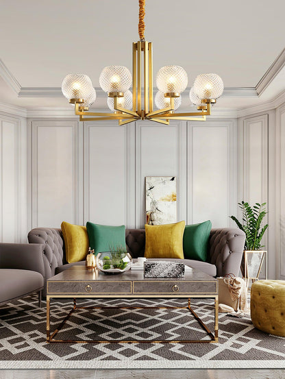 Ribbed Glass Brass Chandelier with Adjustable Height and LED Compatibl