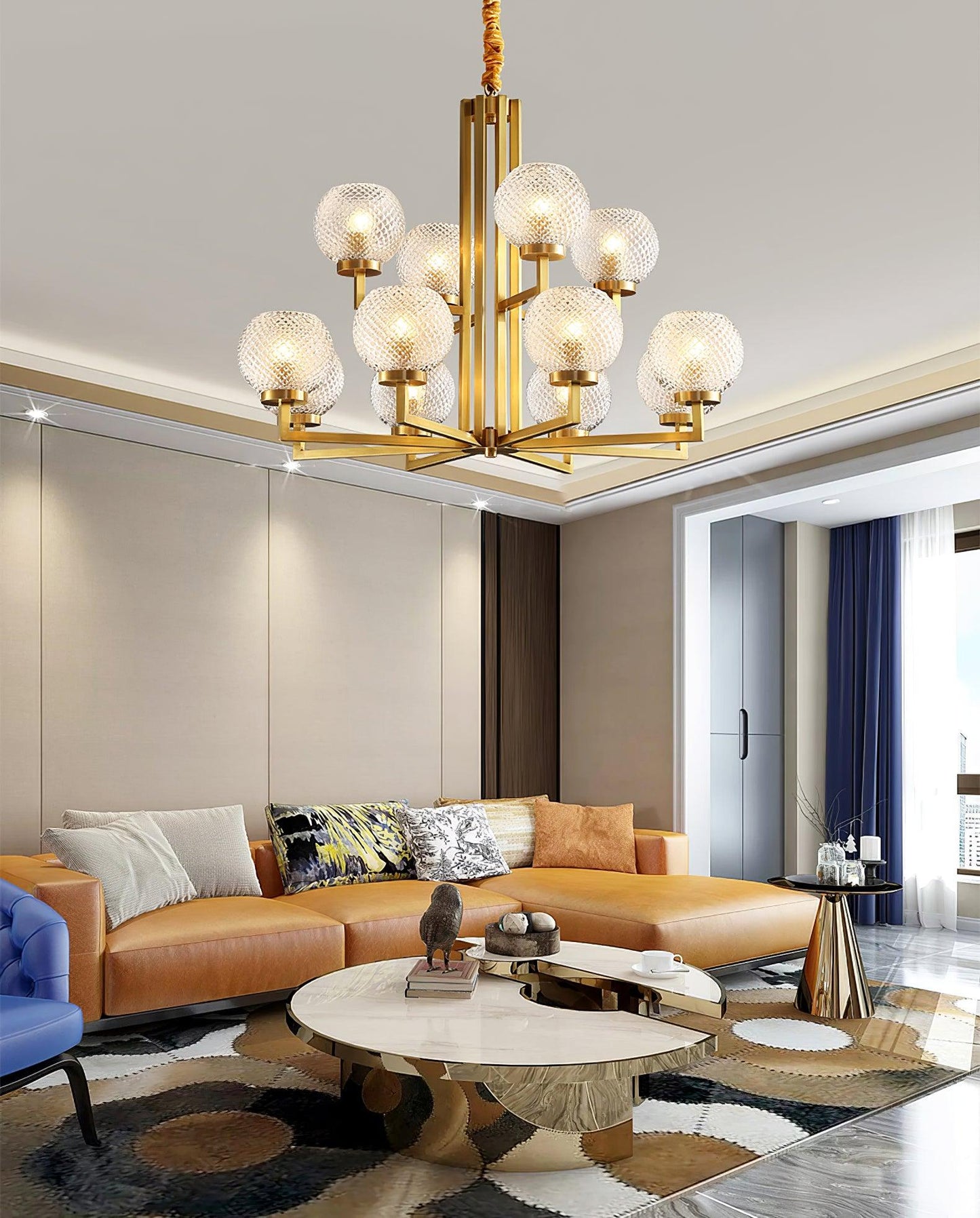 Ribbed Glass Brass Chandelier with Adjustable Height and LED Compatibl