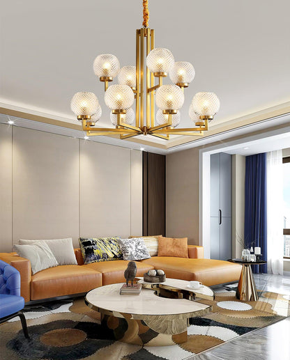 Ribbed Glass Brass Chandelier with Adjustable Height and LED Compatibl
