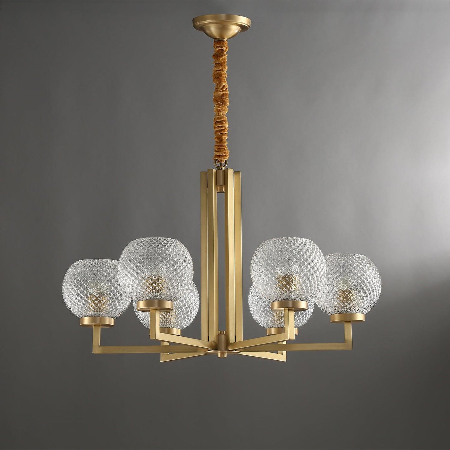 Ribbed Glass Brass Chandelier with Adjustable Height and LED Compatibl