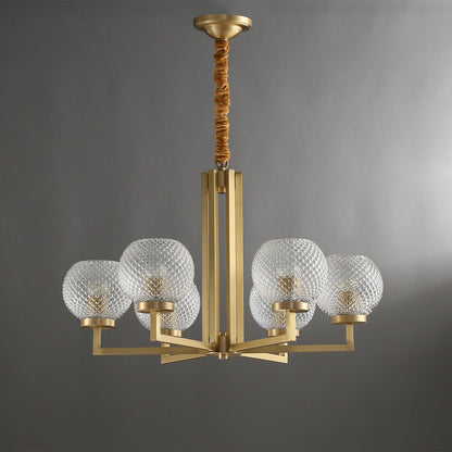 Ribbed Glass Brass Chandelier with Adjustable Height and LED Compatibl