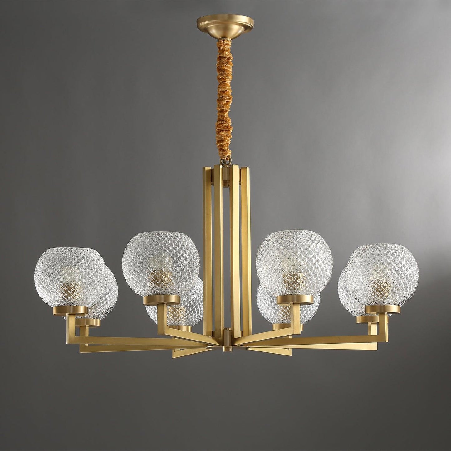 Ribbed Glass Brass Chandelier with Adjustable Height and LED Compatibl