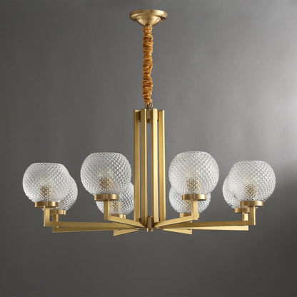 Ribbed Glass Brass Chandelier with Adjustable Height and LED Compatibl