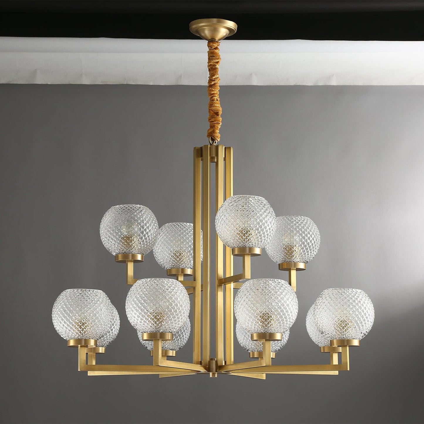 Ribbed Glass Brass Chandelier with Adjustable Height and LED Compatibl