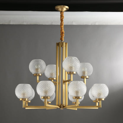 Ribbed Glass Brass Chandelier with Adjustable Height and LED Compatibl