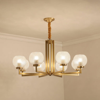 Ribbed Glass Brass Chandelier with Adjustable Height and LED Compatibl