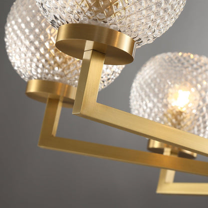 Ribbed Glass Brass Chandelier with Adjustable Height and LED Compatibl