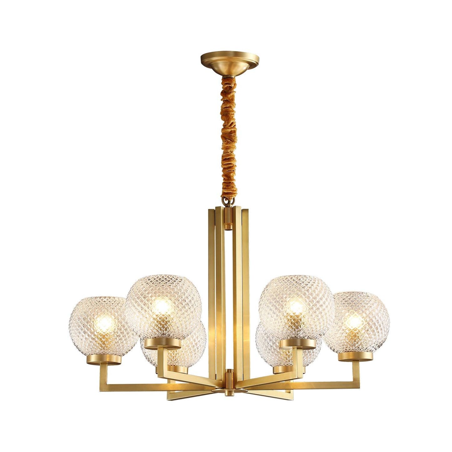 Ribbed Glass Brass Chandelier with Adjustable Height and LED Compatibl