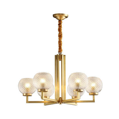 Ribbed Glass Brass Chandelier with Adjustable Height and LED Compatibl