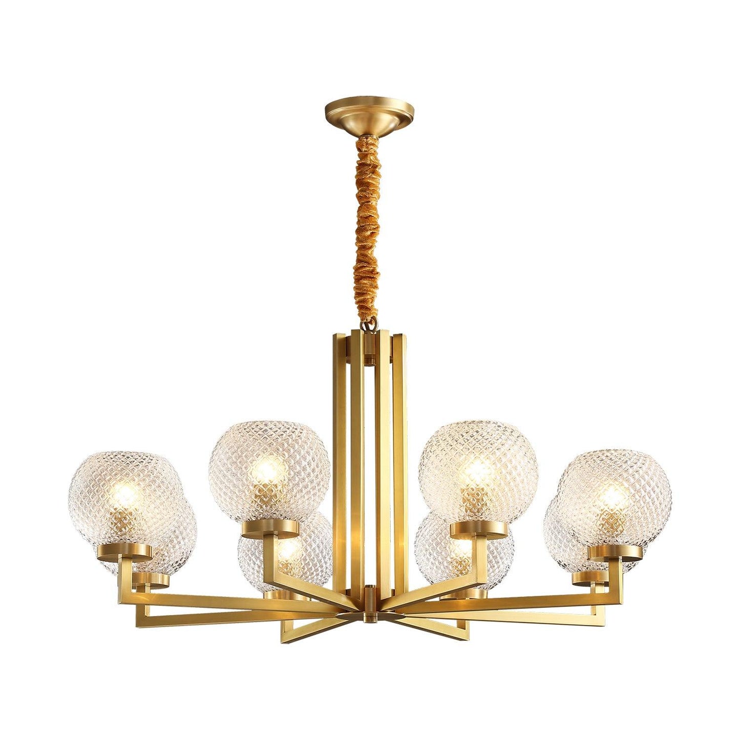 Ribbed Glass Brass Chandelier with Adjustable Height and LED Compatibl
