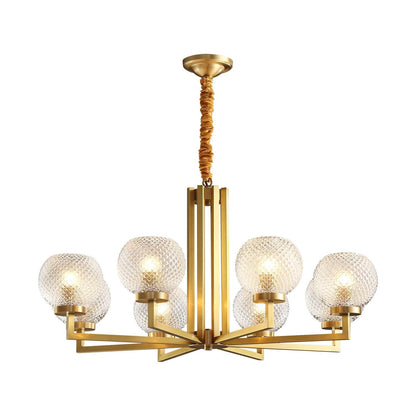 Ribbed Glass Brass Chandelier with Adjustable Height and LED Compatibl